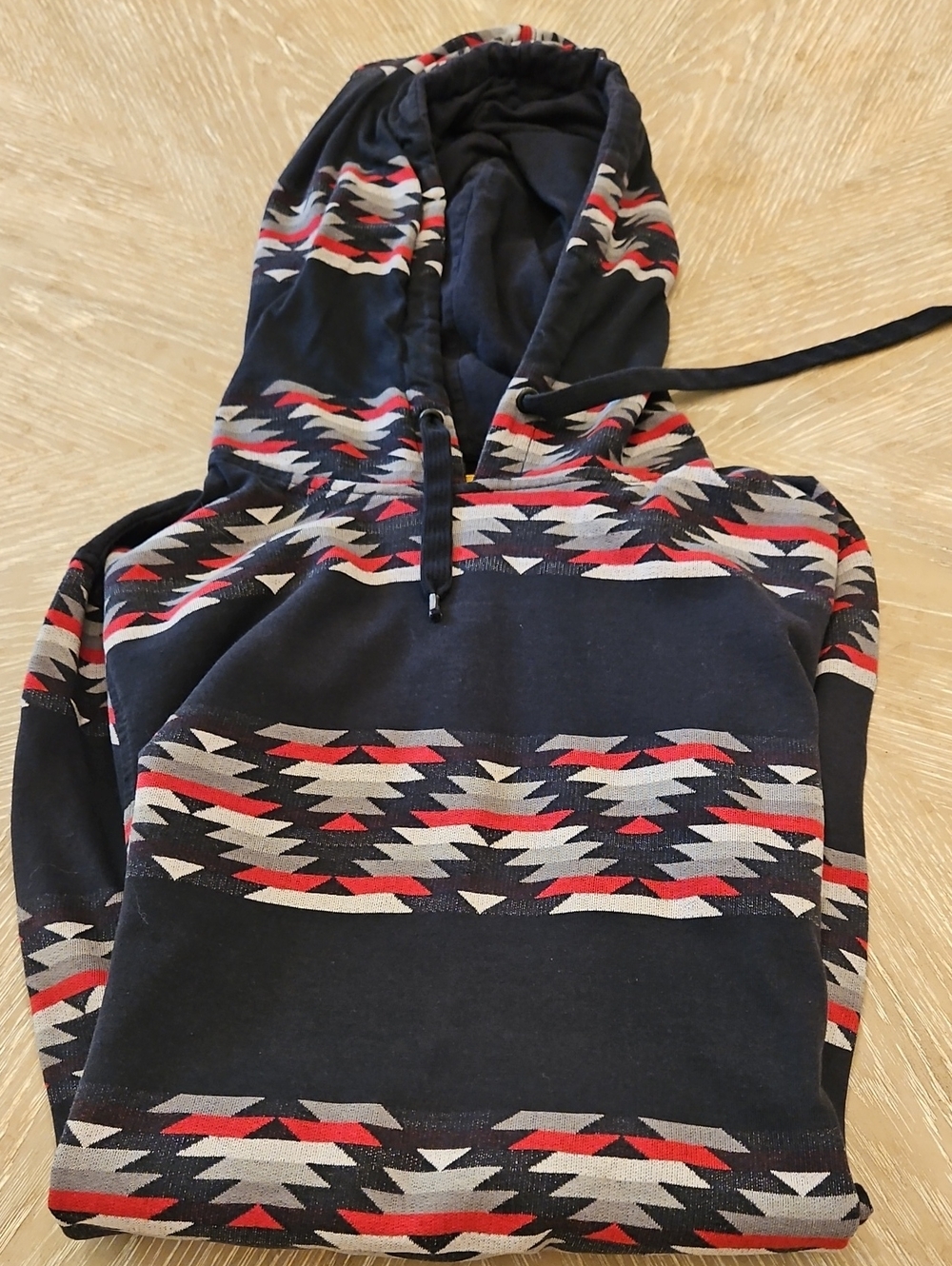 Empyre Navy Hooded Pullover with Red and Gray Aztec Pattern